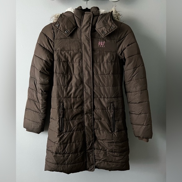 Abercrombie Kids Brown Hooded Puffer Jacket with Sherpa Lining Girls 13/14 - Picture 6 of 14